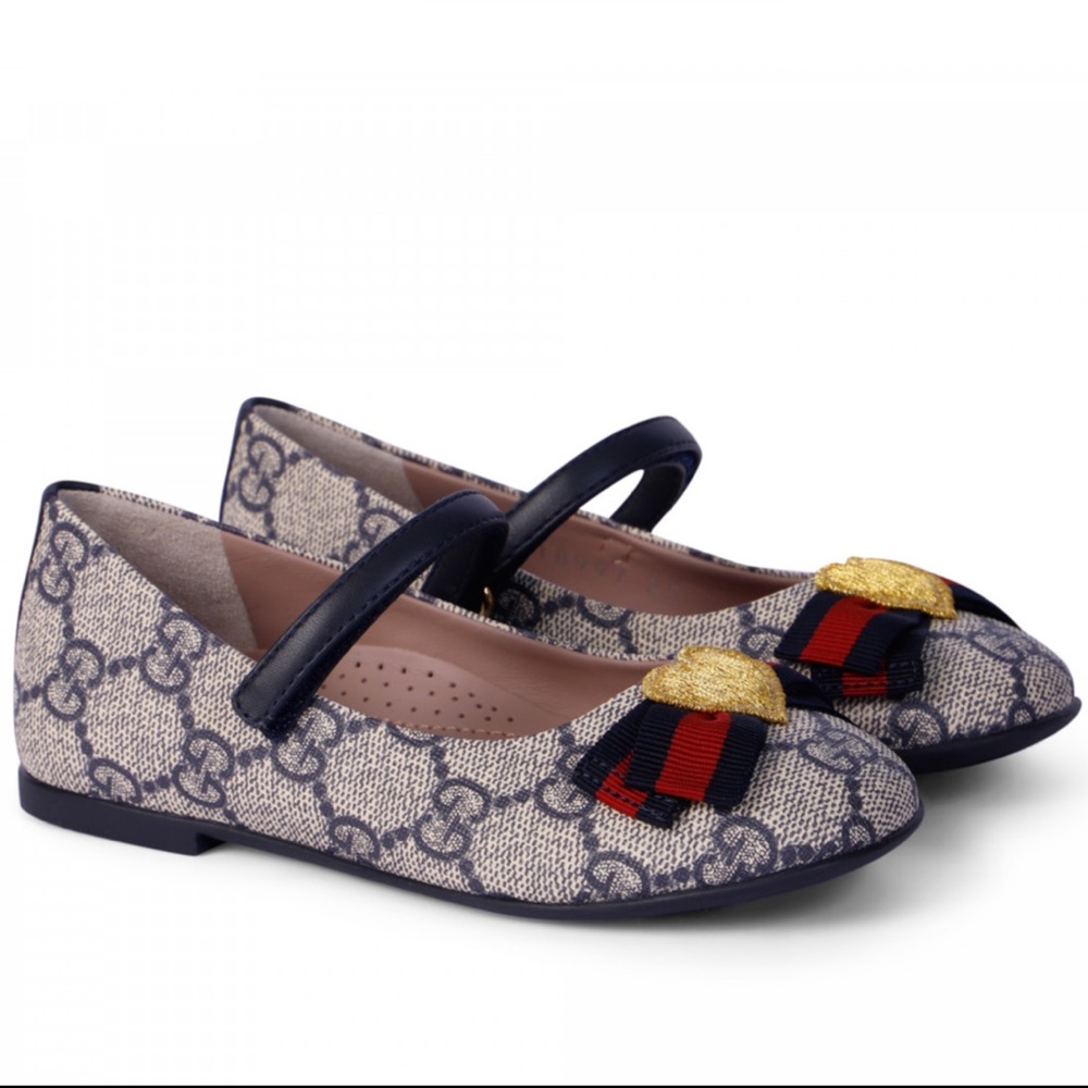 Gucci Beige Navy GG Canvas Mary Jane Flats with Red Navy Ribbon & Gold Detail